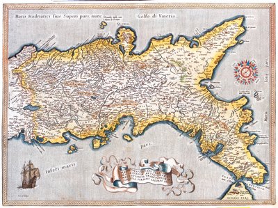 Sur del Lacio, sur de Las Marcas, Abruzos, Molise, Campasnia, Apulia, Basilicata Calabria, Italia de Abraham Ortelius