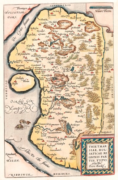 Thietmarsiae, Holsaticae regionis partes typus Mapa geográfico del norte de Alemania con la ciudad de Kuden tomado del Theatrum Orbis Terrarum por Abraham Ortelius de Abraham Ortelius