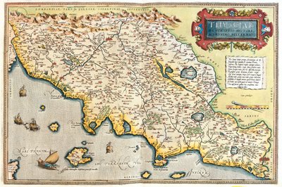 Toscana, sur occidental de Emilia-Romaña, Umbría, norte del Lacio, Italia de Abraham Ortelius
