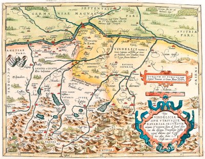 Typus Vindeliciae Ssive Utriusque Bavariae: Secundum antiquam & recentiorum situm, ab Joanne Aventino olim descriptus... Mapa geográfico del territorio de Baviera en Alemania de “Theatrum Orbis Terrarum” de Abraham Ortelius de Abraham Ortelius