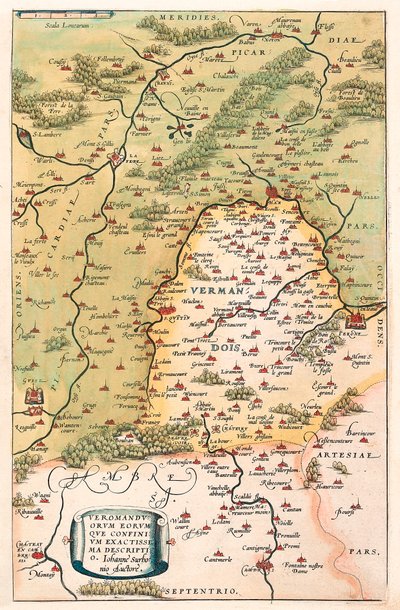 Veromanuorum Eorum que Confinium Accurssima Descript Mapa geográfico del territorio de Vermandois y Picardía en la Galia (Francia) de “Theatrum Orbis Terrarum” de Abraham Ortelius de Abraham Ortelius