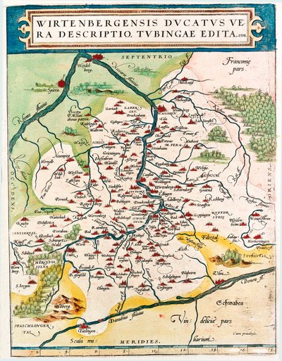 Wirtenbergensis Ducatus Vera descriptio, Tubingae edita 1558 Mapa geográfico del territorio de Baden-Wurtemberg de 