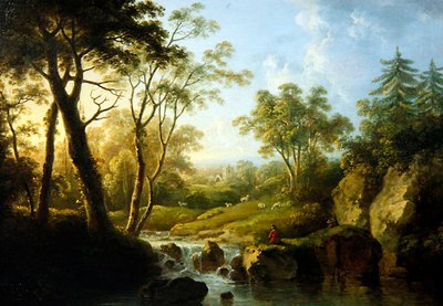 Un paisaje boscoso con una cascada de Abraham Pether