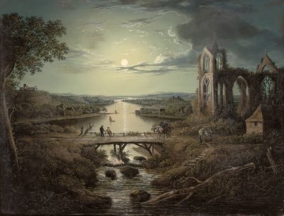 Vista nocturna del río Tweed con la Abadía de Melrose en primer plano y figuras en un puente de Abraham Pether