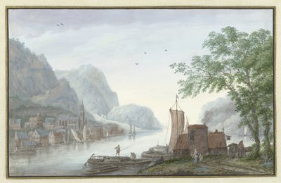 Paisaje montañoso con vista a un pueblo junto a un río de Abraham Rademaker