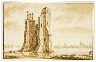 Ruinas de la mansión Merwede vistas desde el frente con Dordrecht al fondo de Abraham Rademaker
