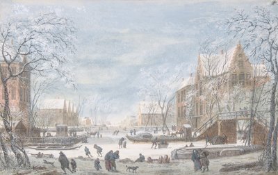 Nieve cayendo en una ciudad holandesa, s.f. de Abraham Rademaker