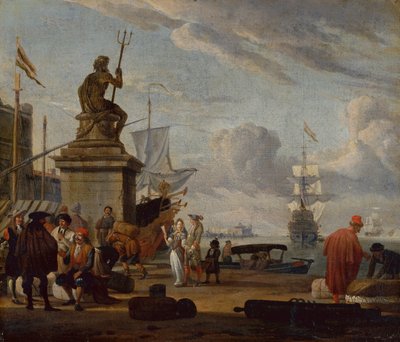 Un puerto mediterráneo caprichoso con figuras elegantes y comerciantes de Abraham Storck