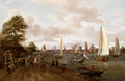 Vista panorámica de Ámsterdam con una barcaza y pequeños barcos en el Buiten-Amstel de Abraham Storck