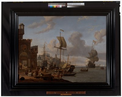 Capricho portuario mediterráneo con mercaderes y otras figuras en el muelle de Abraham Storck