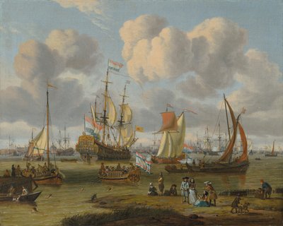 Holandés: Schepen op het IJ voor Amsterdam Navegación frente a Amsterdam con figuras en un muelle de Abraham Storck