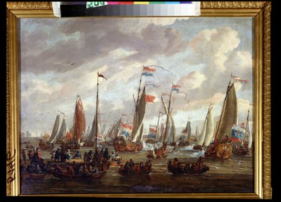 El zar Pedro I visitando Inglaterra en enero de 1698 (el zar Pedro I visitando Inglaterra en enero de 1698). Pedro I de Rusia, Piotr Alekseevich Romanov o Pedro el Grande (1672-1725). Pintura de Abraham Storck (1635-1710). Óleo sobre lienzo, 48 x 64 cm, de de Abraham Storck