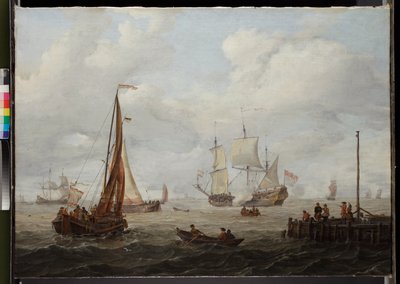 Paisaje marino con un barco de guerra holandés, antes de 1708 de Abraham Storck