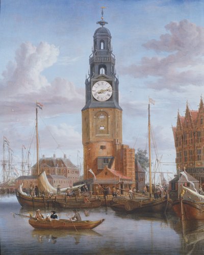 Vista de la Torre Haringspacker en Ámsterdam, con una esfera de reloj funcionando integrada en la pintura, 1684 de Abraham Storck