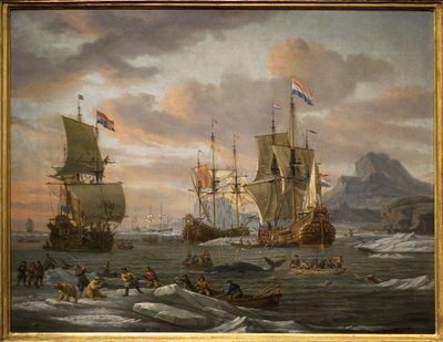 Ballena y oso polar pescando en la isla Spitzberg (Océano Ártico) por barcos de la flota holandesa de Abraham Storck