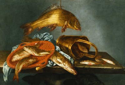 Un Lucio, Carpa, Tenca y Rutilo con un Tamiz y un Cubo de Latón en un Saliente de Abraham Susenier