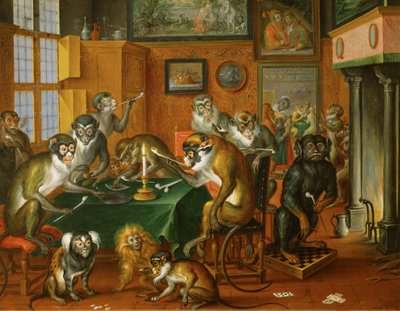 Tabakskollegium von Affen -Fiesta de los monos ... (óleo sobre cobre) de Abraham Teniers