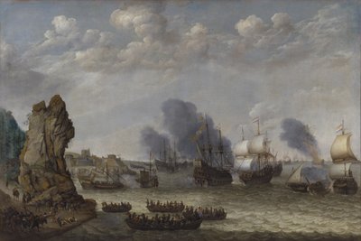 Una batalla cerca de una costa entre españoles y holandeses desembarcando de Abraham Willaerts