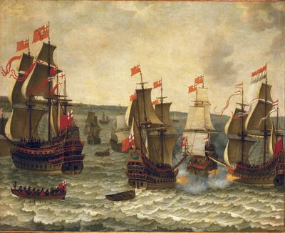Batalla naval entre barcos holandeses y británicos, episodio de la Primera Guerra Anglo-Holandesa (anglo-holandesa) 1652-1654. Óleo sobre madera de Abraham Willaerts (1603-1669). de Abraham Willaerts
