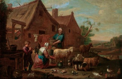 Familia campesina con ganado, ovejas y cabras en un corral de Abraham Willemsens