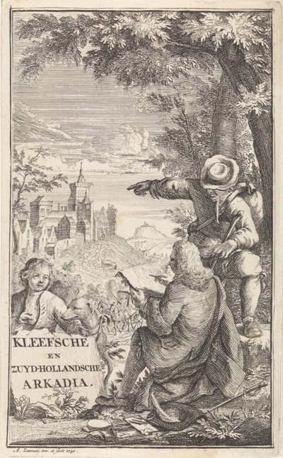 Viajero dibuja la ciudad de Kleve Página de título para: C. Bruin, Kleefsche y Zuid-Hollandsche Arkadia (...), 1730 de Abraham Zeeman