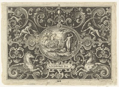 Cartouche: Perseo libera a Andrómeda Cartuchos ovalados con escenas de la vida de Perseo en el marco de grutescos (título de la serie) Andrómeda (título sobre objeto) de Abraham de Bruyn