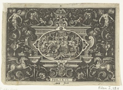 Cartouche: Phineus interrumpe la boda de Perseo y Andrómeda PERSEO (título sobre objeto) Cartuchos ovalados con escenas de la vida de Perseo en el marco de grutescos (título de la serie) de Abraham de Bruyn