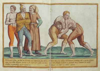 Turcos luchando, trajes del siglo XVI de Omnium Poene Gentium Imagines, publicado en Colonia, 1577 (grabado coloreado a mano) de Abraham de Bruyn