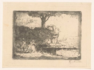 Paisaje con tres figuras de Abraham de Miranda (signed by artist)