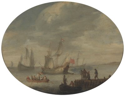 Mercantes armados frente a la costa holandesa preparándose para zarpar de Abraham de Verwer