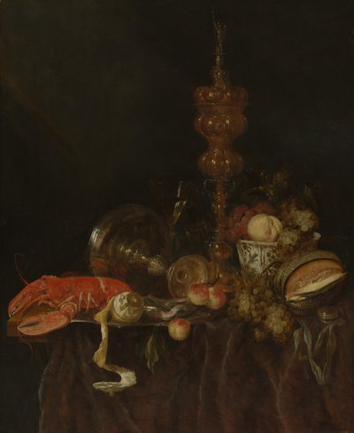 Naturaleza muerta con langosta y fruta de Abraham van Beyeren