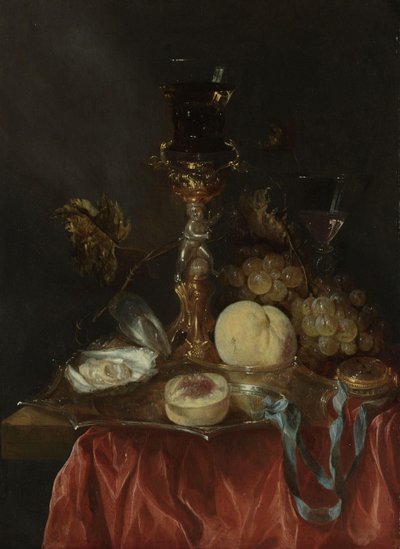 Bodegón con soporte de vidrio plateado y dorado de Abraham van Beyeren