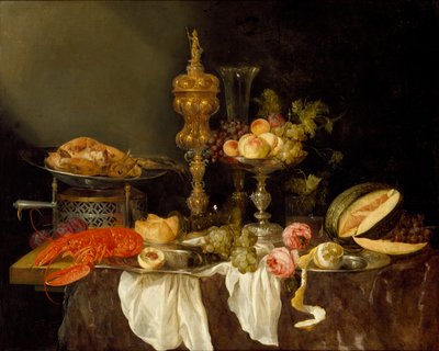 Naturaleza muerta con una langosta y pavo, c1653 de Abraham van Beyeren