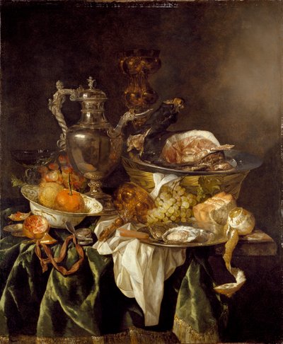 Naturaleza muerta con una jarra de vino de plata y un retrato reflejado del artista, c. 1657 de Abraham van Beyeren