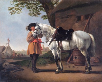 Un caballero con un caballo gris (óleo sobre lienzo) de Abraham van Calraet