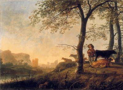 Paisaje fluvial vespertino con un vaquero y vacas al borde de un bosquecillo, un puente y ruinas al fondo de Abraham van Calraet