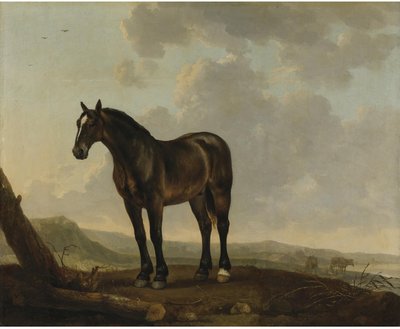 Retrato de un caballo marrón en un paisaje de Abraham van Calraet
