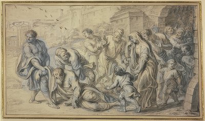 Hombre mayor levantado del suelo por los habitantes frente a las murallas de una ciudad de Abraham van Diepenbeeck