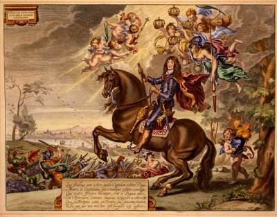 Carlos II con una dedicación en francés, con el Puente de Londres antiguo en el fondo, de El método y nueva invención de vestir caballos por William Cavendish, publicado en 1737 (2ª ed.) de Abraham van Diepenbeeck