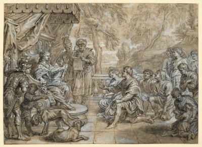 Una reina con manto de armiño y cetro (¿Semíramis?) en un trono, ante ella se arrodilla un grupo de hombres y mujeres de Abraham van Diepenbeeck