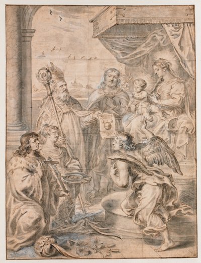 María con el niño en el trono adorado por tres santos de Abraham van Diepenbeeck