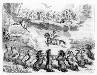 El Marqués de Newcastle montando a Pegaso ante una asamblea de los dioses griegos y recibiendo los saludos de caballos terrenales, ilustración de un Manual de Equitación por el Marqués de Newcastle, publicado de Abraham van Diepenbeeck