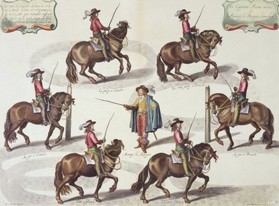 El Marqués de Newcastle dando una lección de equitación al Capitán Mazin, lámina 15 de El Método y Nueva Invención de Vestir Caballos por William Cavendish (1592-1676) Marqués de Newcastle, grabado por Lucas Vo de Abraham van Diepenbeeck