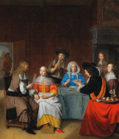Interior con una sociedad elegante jugando a las cartas, 1660s de Abraham van Dijck