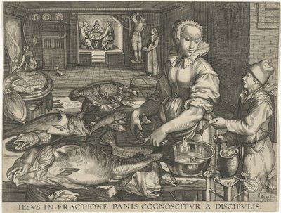 Keukenstuk conoció a vrouw die wis schoonmacht Jesús es reconocido por los discípulos al partir el pan (título sobre el objeto) de Abraham van Lier