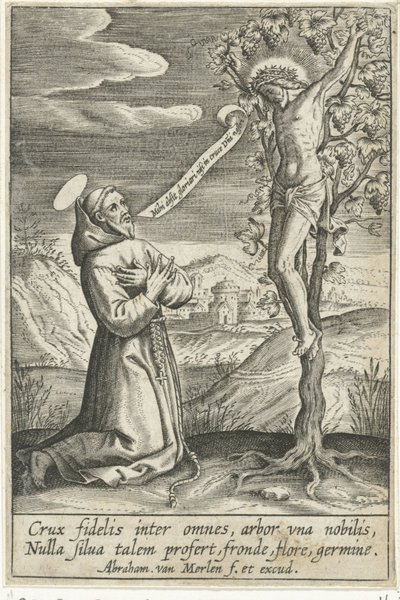 Santo arrodillado ante Cristo en la cruz de Abraham van Merlen