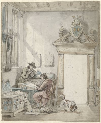 Escena interior con un hombre que escribe en un escritorio. de Abraham van Strij (I)