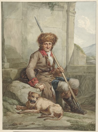 Cazador sentado con gorro de piel, lanza y bolsa de comadreja de Abraham van Strij (I)