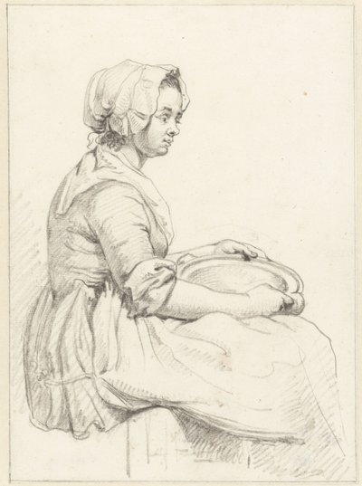 Mujer sentada con un platillo en su regazo, a la derecha de Abraham van Strij (I)