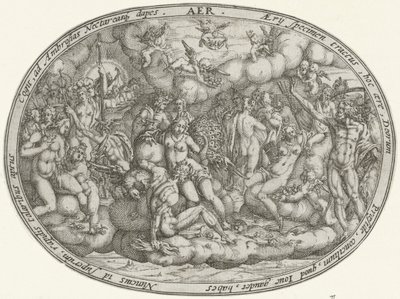 Dioses olímpicos entre las nubes: el elemento aire Aer (título sobre el objeto) Los cuatro elementos (título de la serie) de Abraham van den Hecken